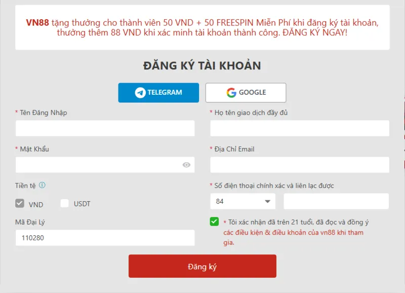 Bộ thông tin cần thiết để đăng ký tài khoản VN88