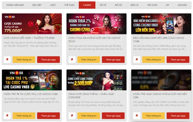 Khuyến mãi cho hàng loạt trò chơi bài trong Casino VN88