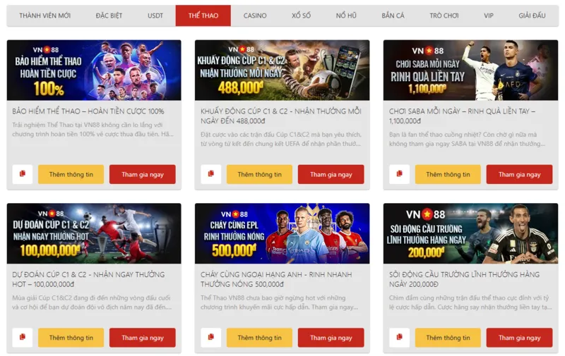 Nhiều ưu đãi thể thao hàng đầu được áp dụng tại VN88